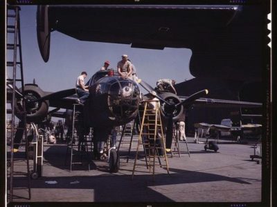 Employees on the “Sunshine” assembly line at North American’s plant put the finishing touches on another B-25 bomber, Inglewood, Calif.