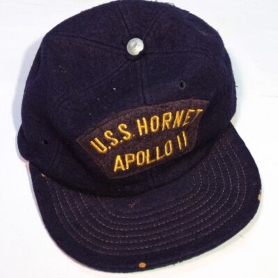 Baseball cap, yellow embroidered lettering reading "U.S.S. Hornet Apollo 11" across the front, 1969.