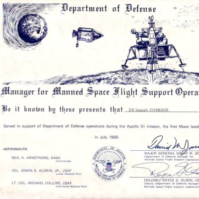 Certificate from the Department of Defense acknowledging the participation in the Apollo 11 recovery, for SN Joseph Comeaux, July 1969.
