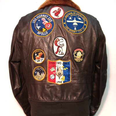 Aviation jacket (back), owned by Lieutenant Bruce Johnson who was the co-pilot of Recovery One, the SeaKing helicopter (#66) that retrieved the three Apollo 11 astronauts from the ocean and flew them back to USS Hornet, 1969.
