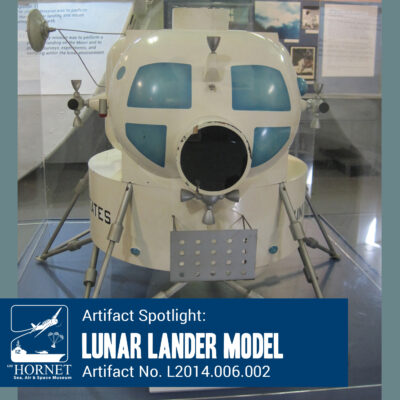 Today’s artifact spotlight is our Lunar Module concept model, on loan from the Naval Heritage Command. Starting in the 1950s, the moon lander designs were first conceived as large, tail sitting vehicles like you would see in a sci-fi movie. This design turned out to be too heavy and would take too much fuel. Once NASA decided to use a Lunar Orbit Rendezvous method, meaning a Command Module would orbit the Moon while two of the astronauts went to its surface using the Lunar Module, it could be designed much smaller. Contractors were invited to submit design proposals—this design, known as “Prototype D” was created by Grumman in 1962. They were awarded the contract and from there streamlined the design to make it as lightweight and reliable as possible until they had gotten to the 1969 finalized design.