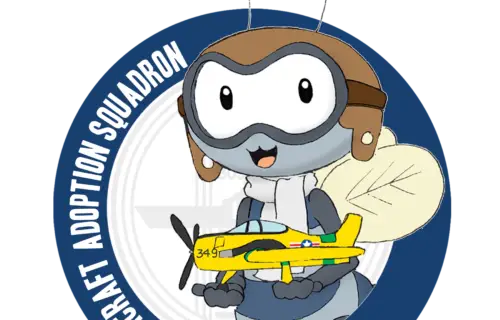 The logo shows a cartoon bee wearing a pilot's helmet and goggles, holding a small airplane
