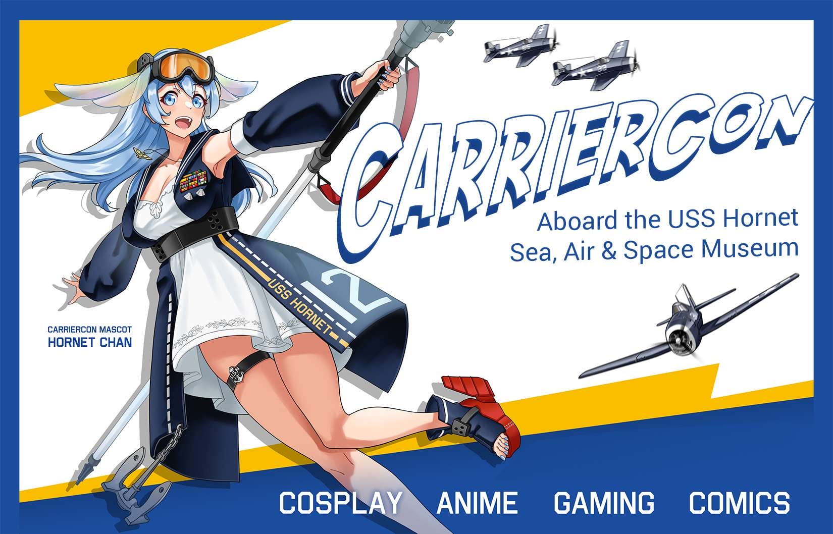 Hornet-Chan, anime mascot for CarrierCon aboard USS Hornet, holding flag with planes in background