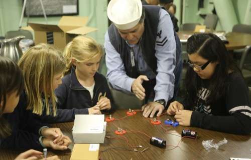 Kids learning electronics with guidance from USS Hornet staff