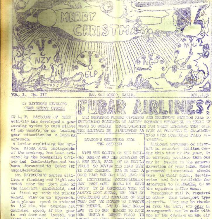 WWII era newsletter with Merry Christmas and FUBAR Airlines headings.