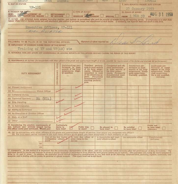 Officer evaluation report form dated August 31, 1959.