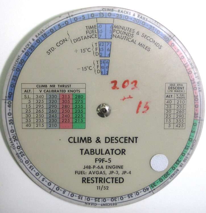 Climb and descent tabulator for F9F-5 aircraft engine.