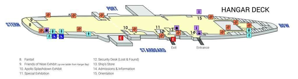 Map of USS Hornet's hangar deck showing exhibits, entrances, and facilities.