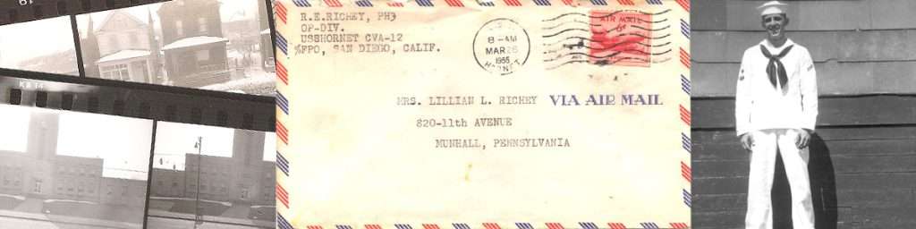 Vintage mail envelope from USS Hornet CVA-12 to Munhall, Pennsylvania, flanked by black-and-white photos of a sailor and buildings