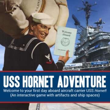 USS Hornet Adventure game title card, sailor with welcome aboard sign.