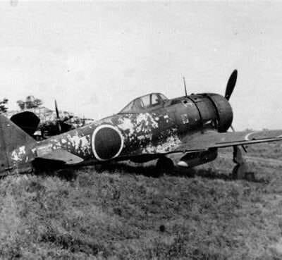 Crashed Japanese Zero fighter plane in a field.